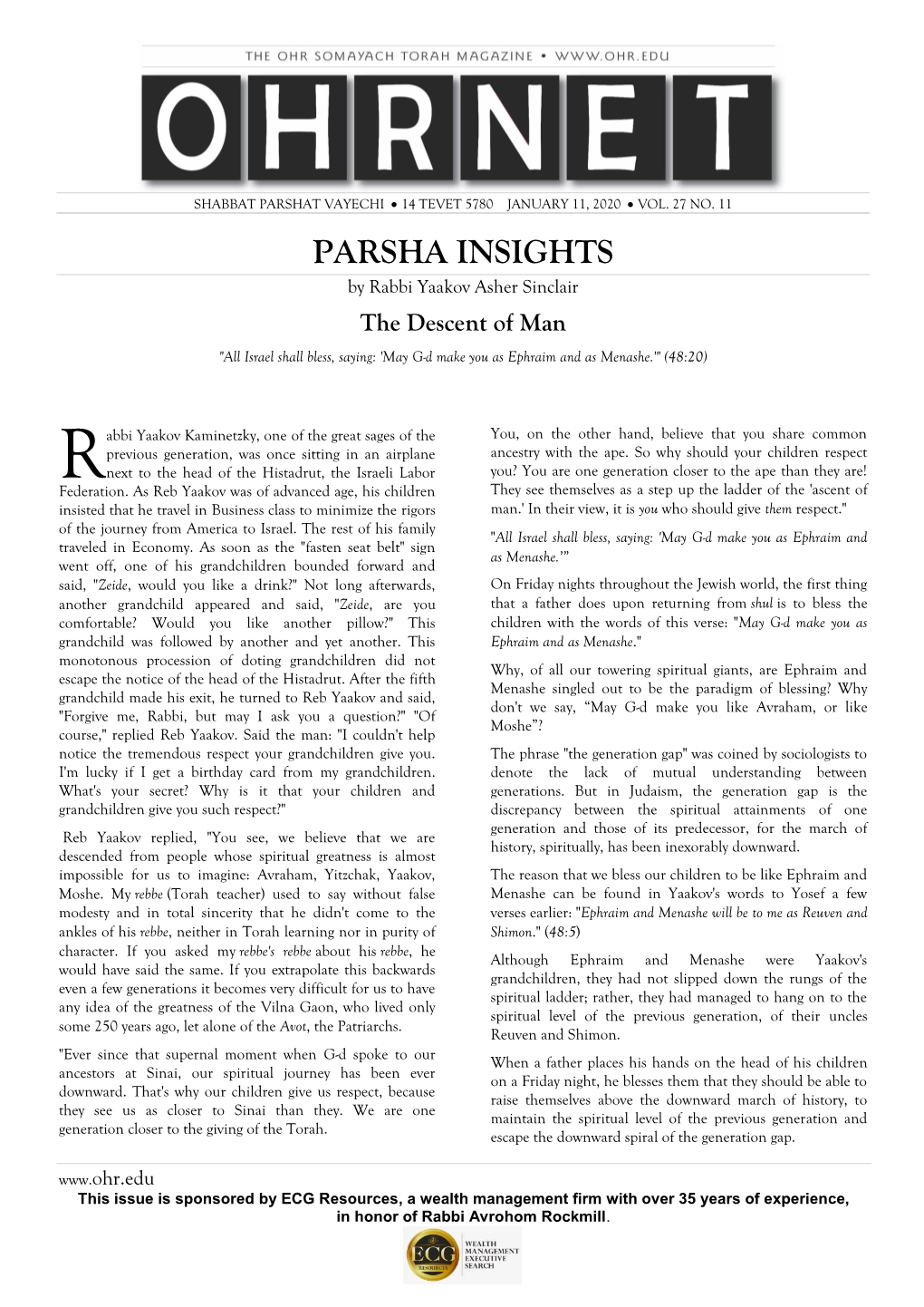 PARSHA INSIGHTS by Rabbi Yaakov Asher Sinclair