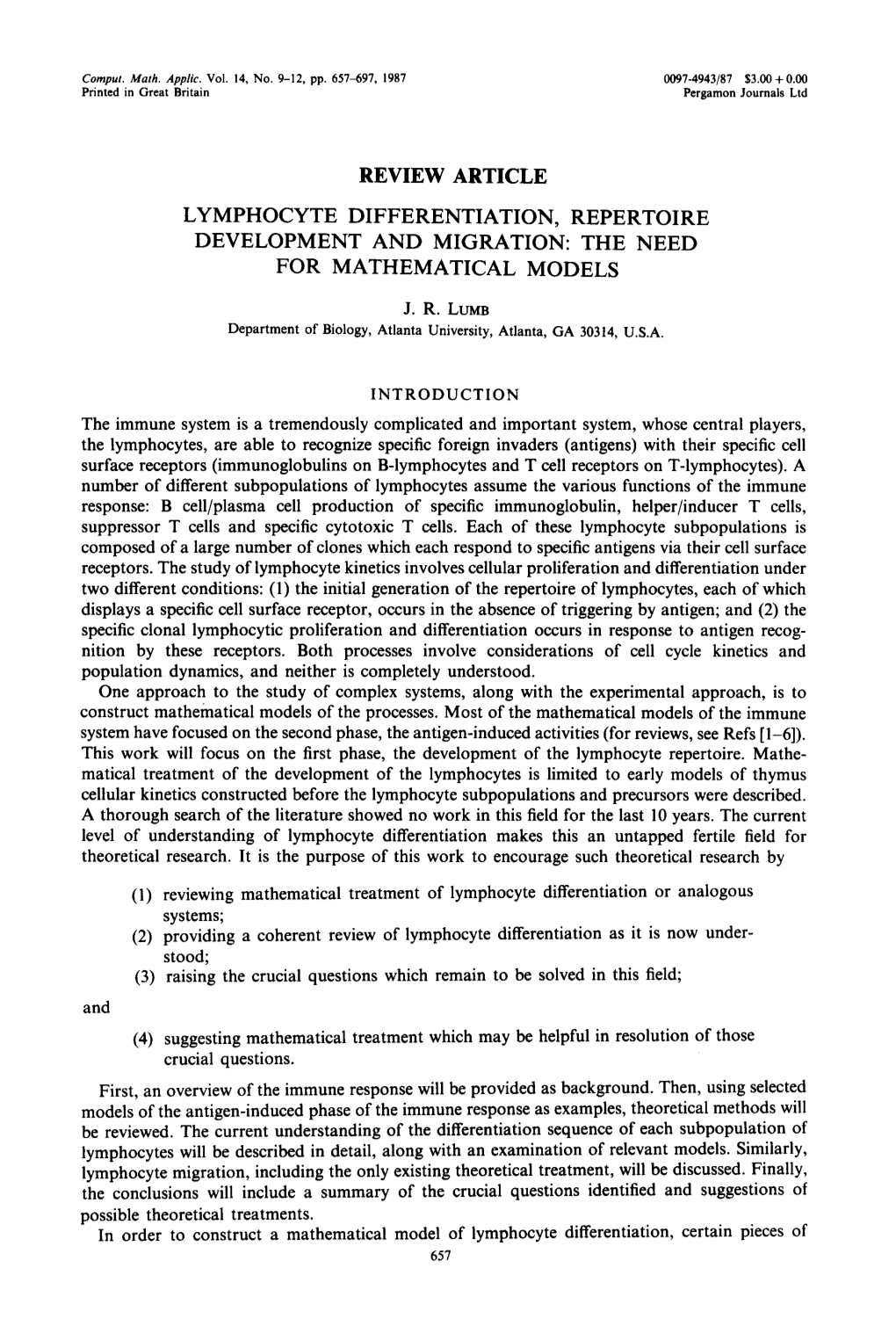 Review Article Lymphocyte Differentiation, Repertoire Development and Migration: the Need for Mathematical Models