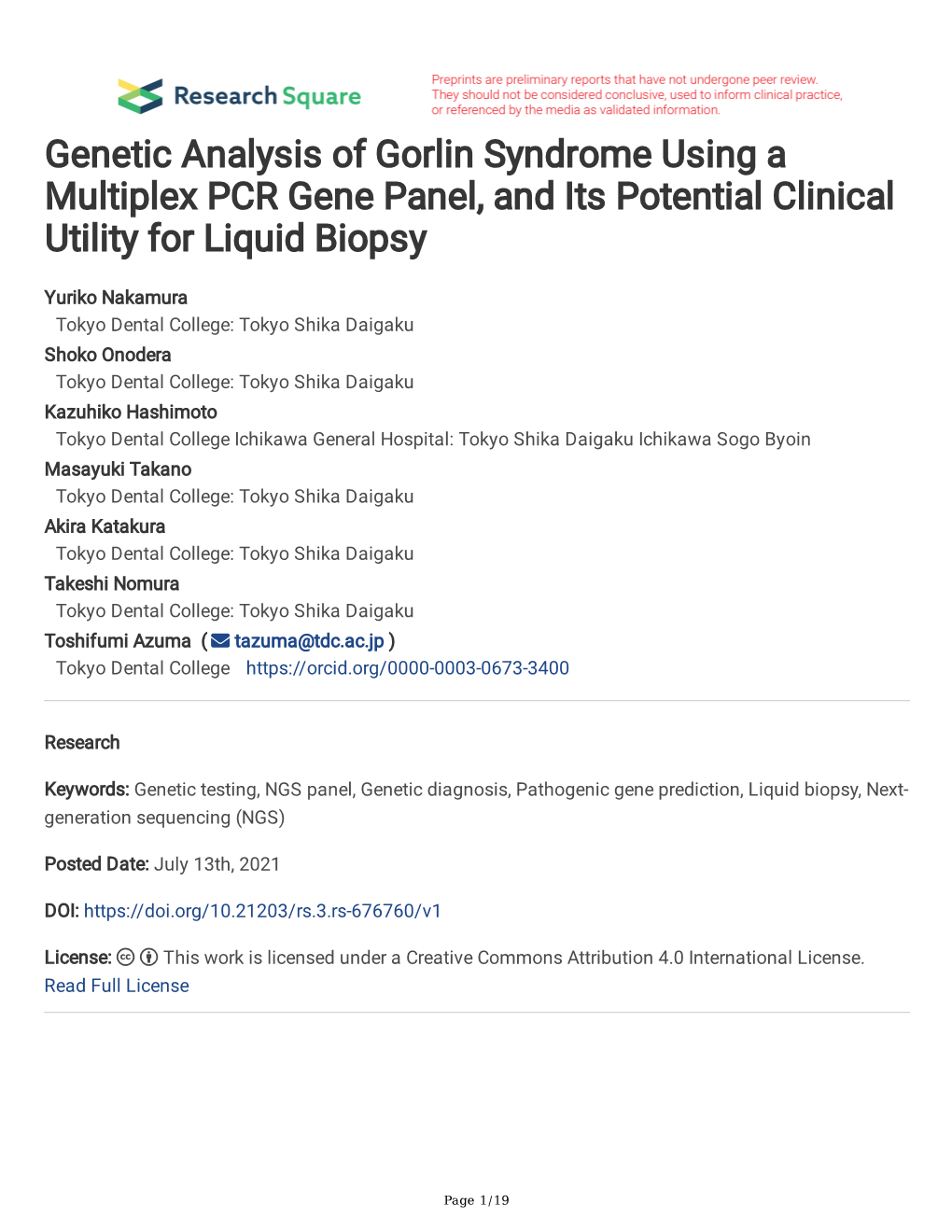 Genetic Analysis of Gorlin Syndrome Using a Multiplex PCR Gene Panel, and Its Potential Clinical Utility for Liquid Biopsy