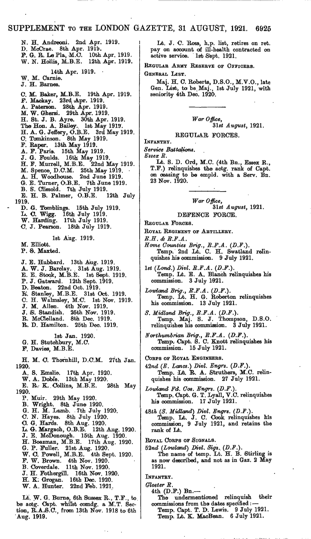 Supplement to the London Gazette, 31 August, 1921. 6925