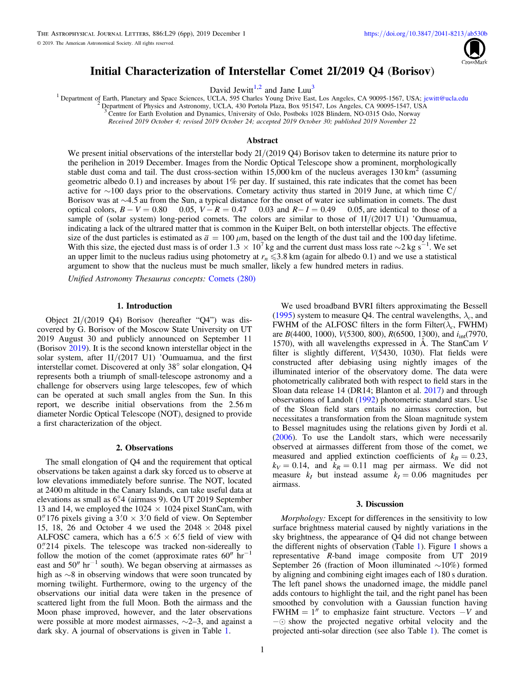 Initial Characterization of Interstellar Comet 2I/2019 Q4 (Borisov)