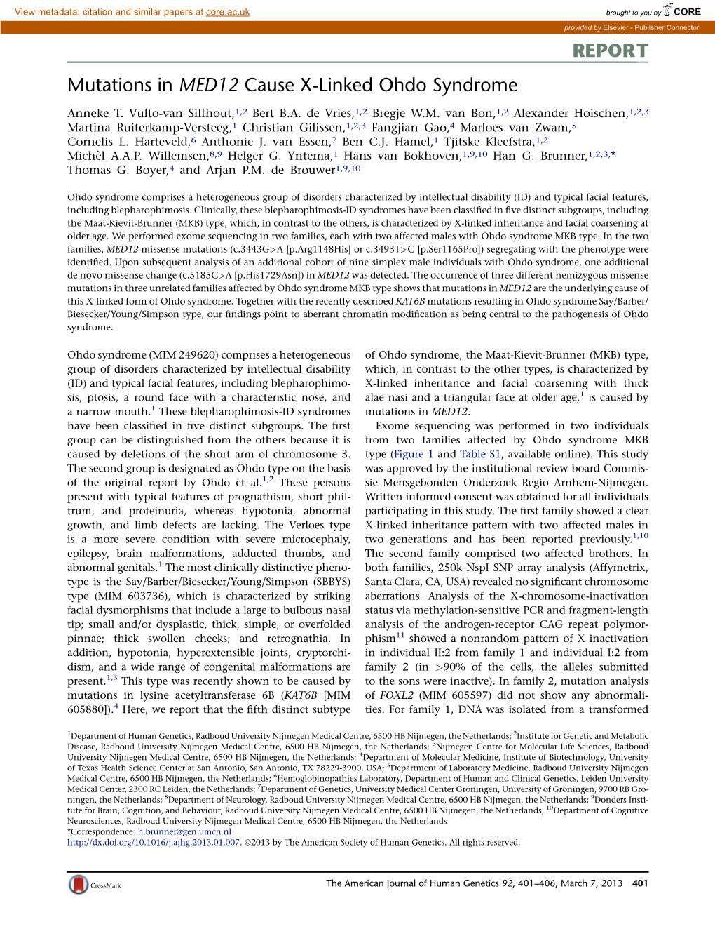 Mutations in MED12 Cause X-Linked Ohdo Syndrome