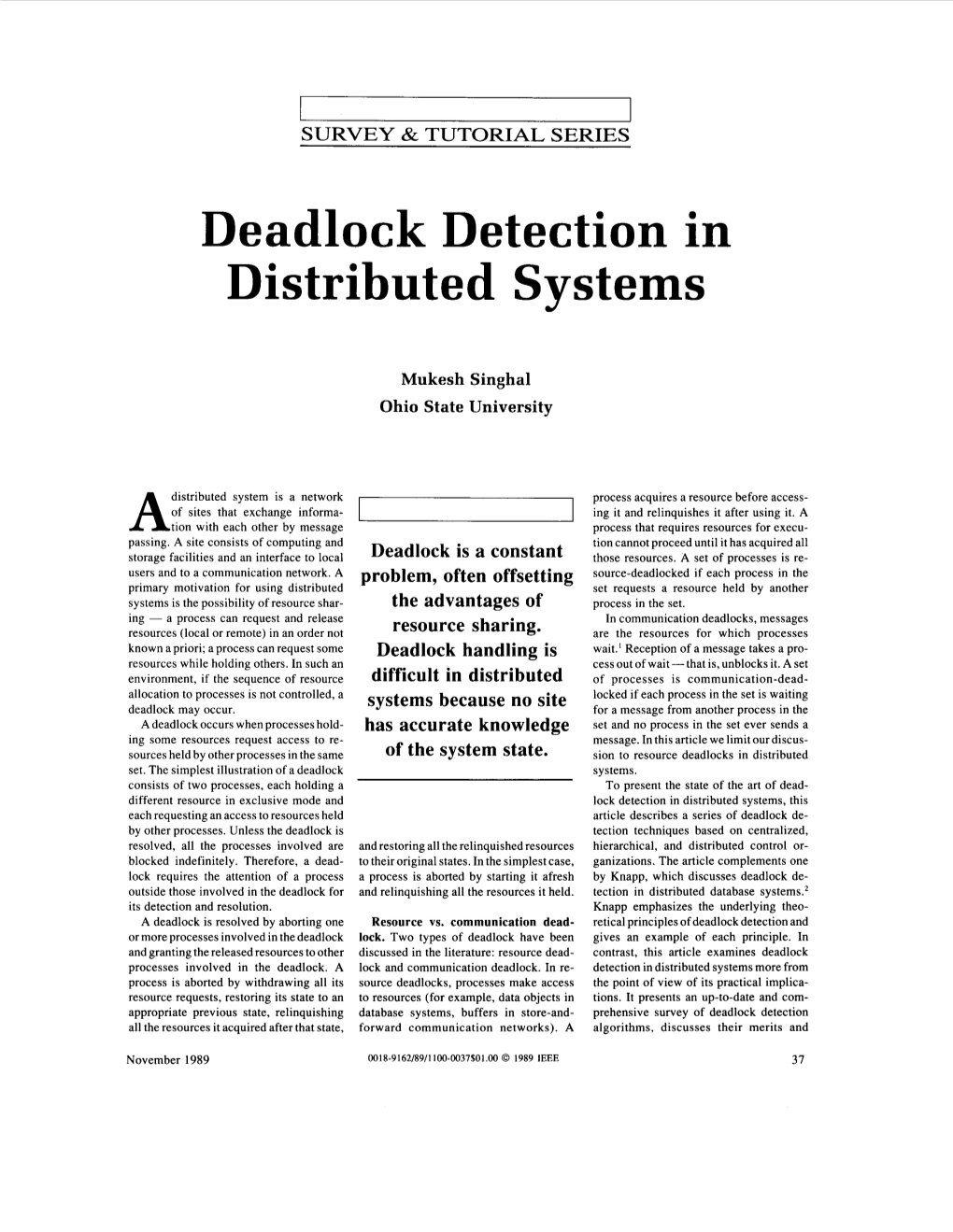 Deadlock Detection in Distributed Systems