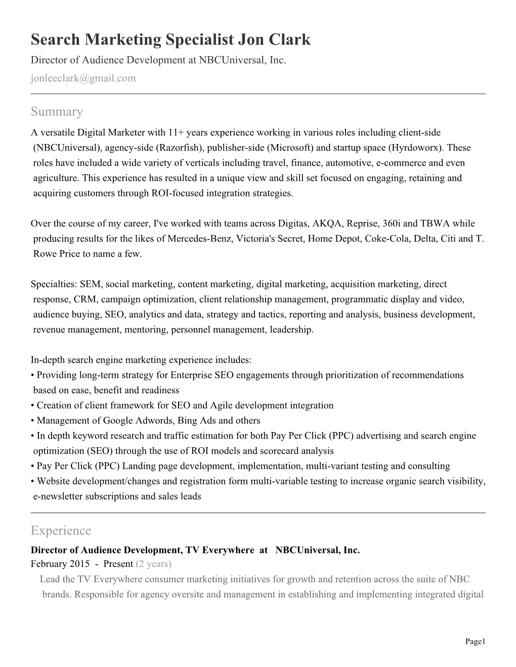 Search Marketing Specialist Jon Clark Director of Audience Development at Nbcuniversal, Inc