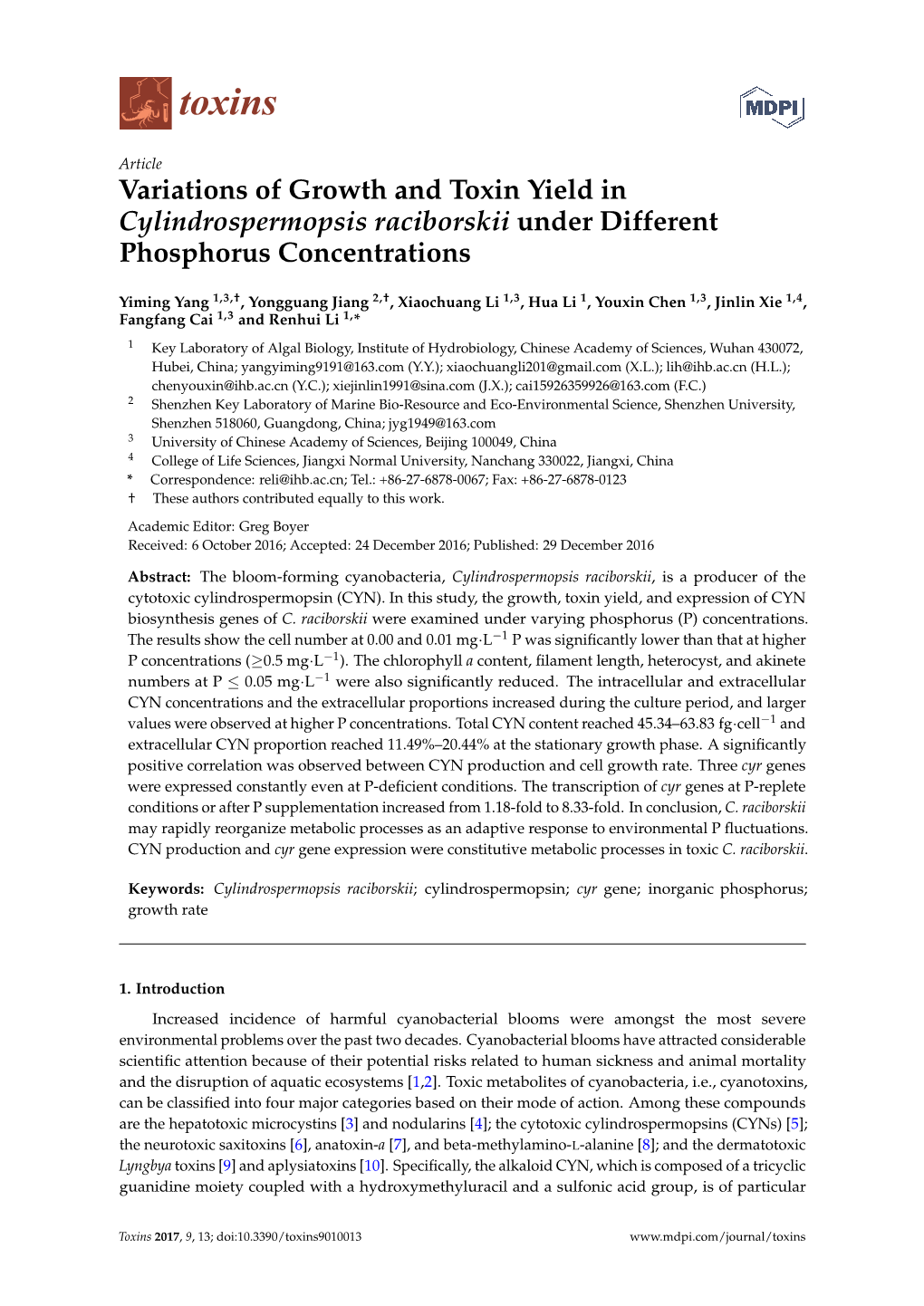 Variations of Growth and Toxin Yield in Cylindrospermopsis Raciborskii Under Different Phosphorus Concentrations