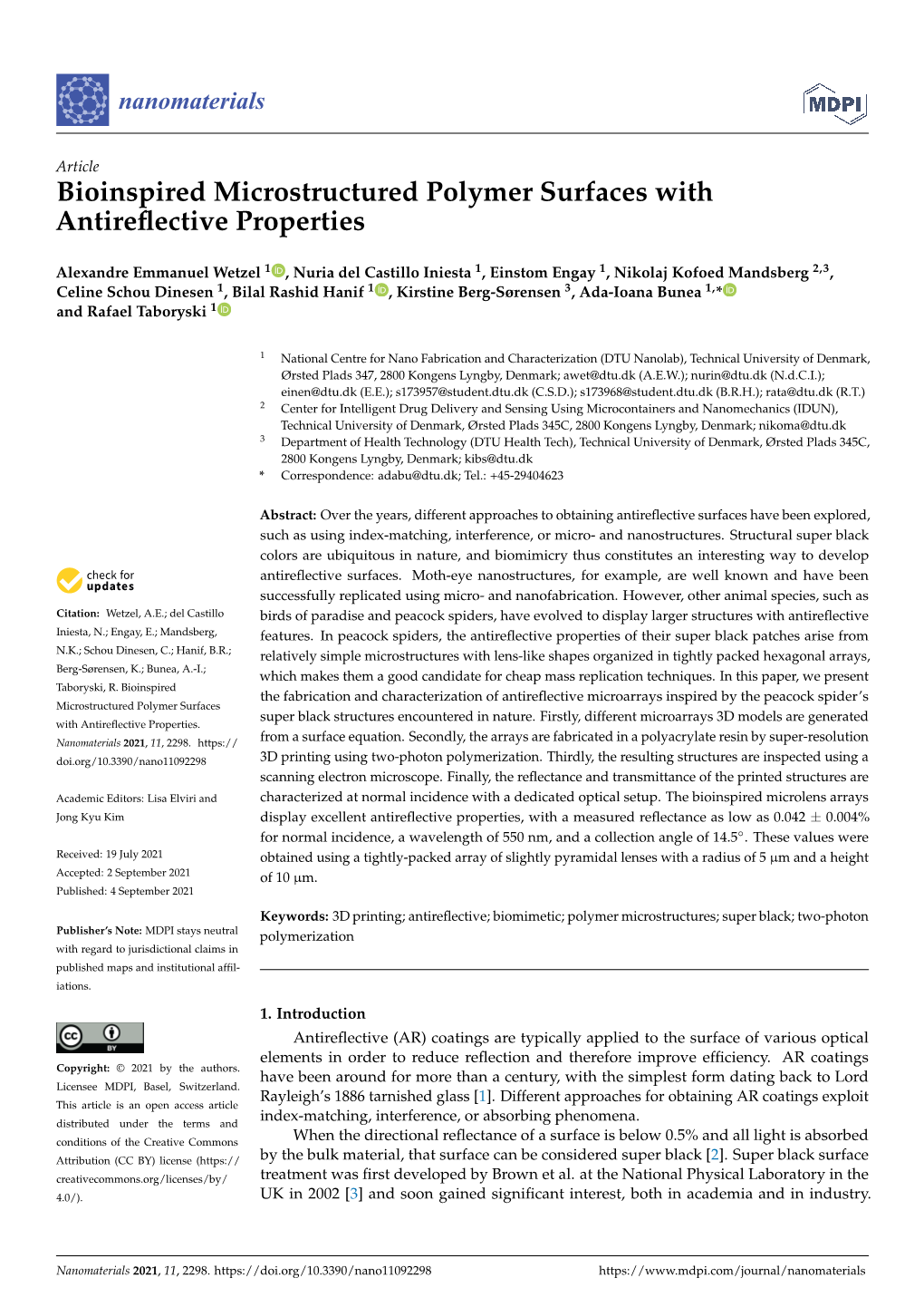 Bioinspired Microstructured Polymer Surfaces with Antireflective Properties