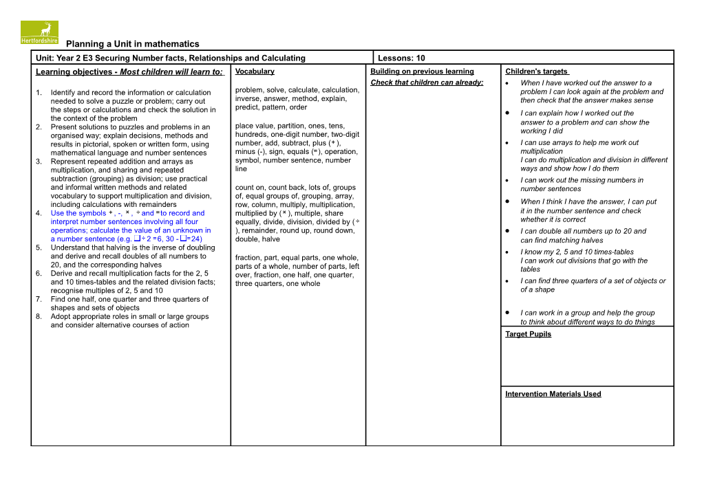 Unit: Year 2 E3 Securing Number Facts, Relationships and Calculating