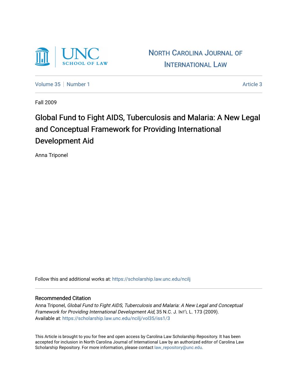 Global Fund to Fight AIDS, Tuberculosis and Malaria: a New Legal and Conceptual Framework for Providing International Development Aid