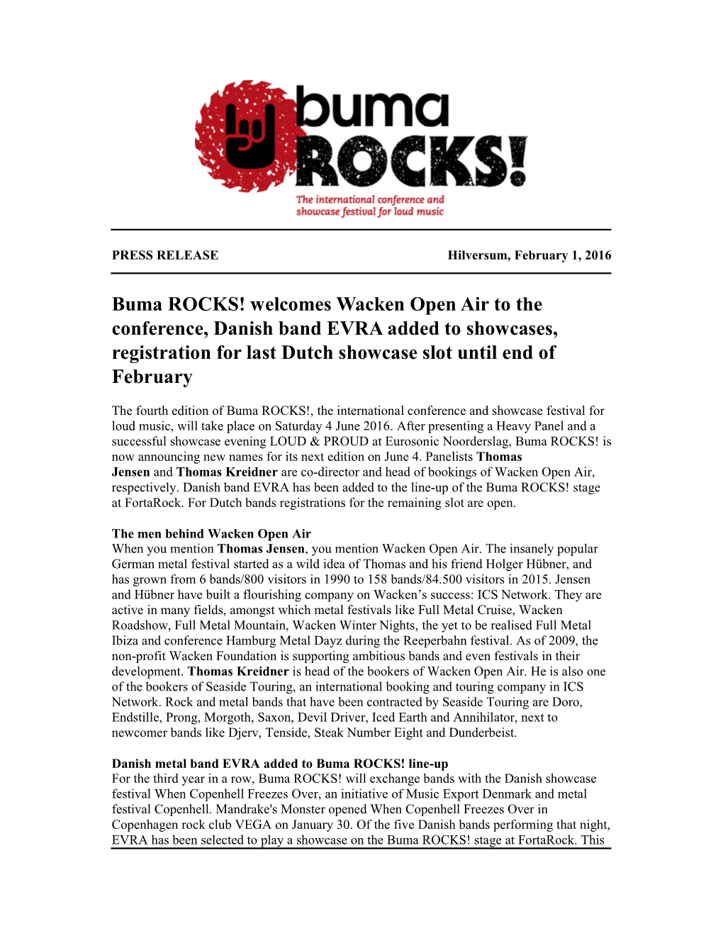 Buma ROCKS! Welcomes Wacken Open Air to the Conference, Danish Band EVRA Added to Showcases, Registration for Last Dutch Showcase Slot Until End of February