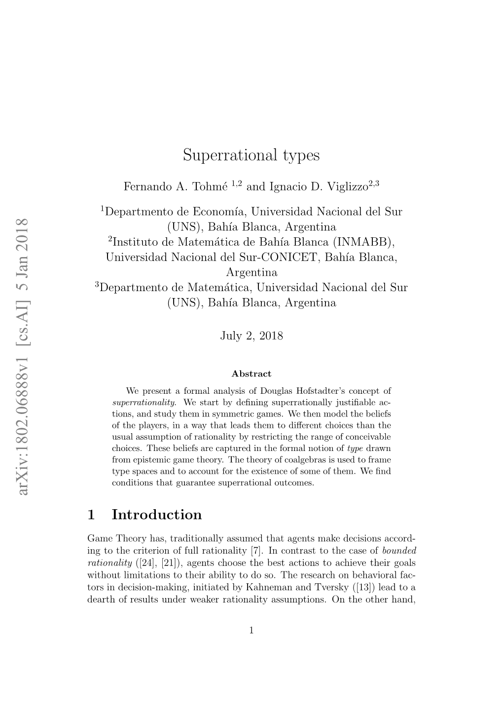 Arxiv:1802.06888V1 [Cs.AI] 5 Jan 2018 Superrational Types