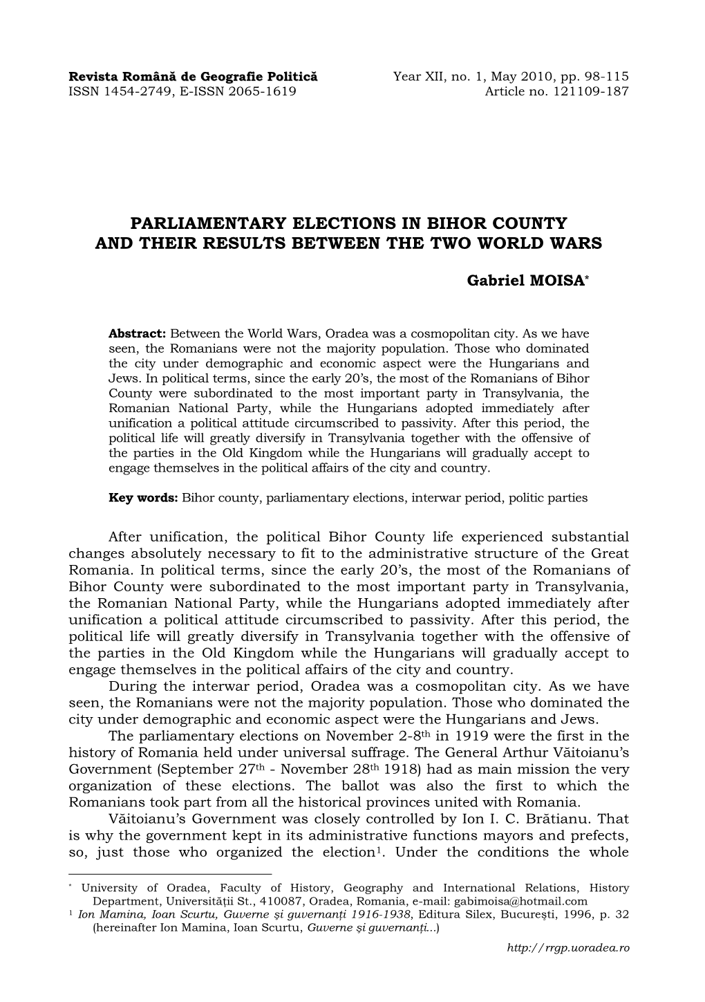 Parliamentary Elections in Bihor County and Their Results Between the Two World Wars