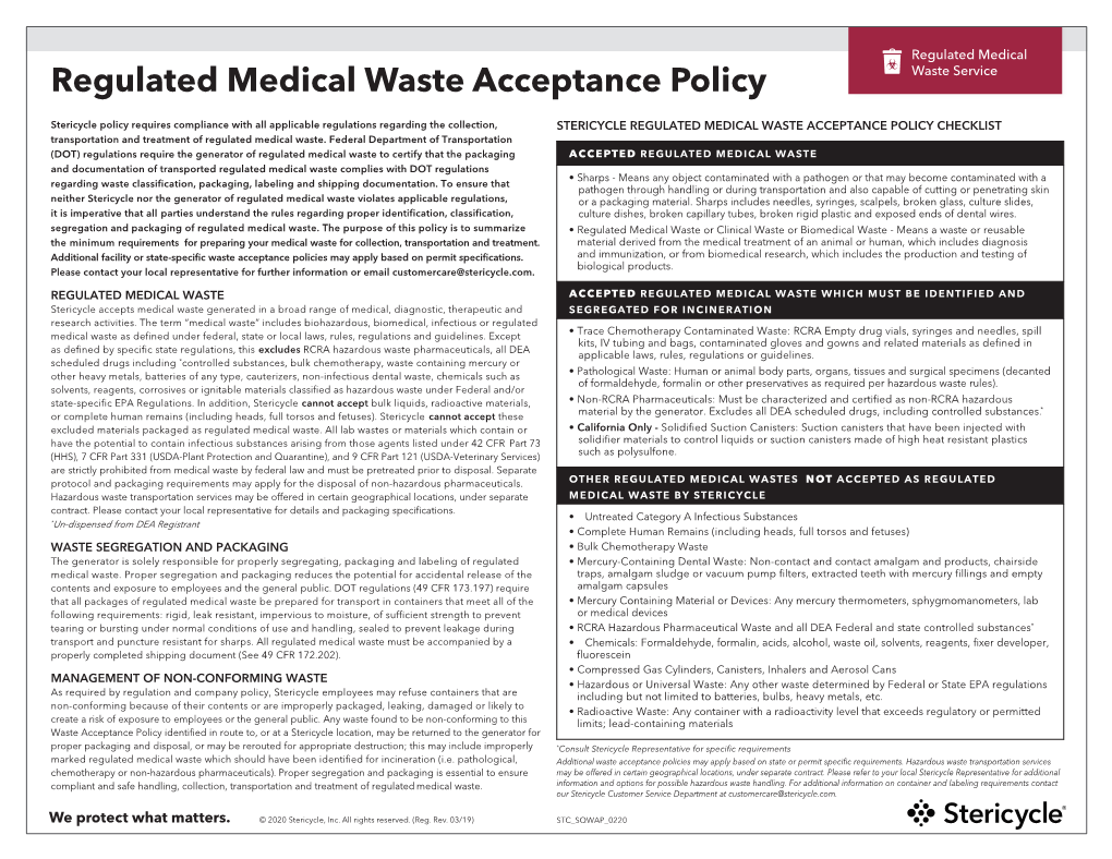 Regulated Medical Waste Acceptance Policy Waste Service