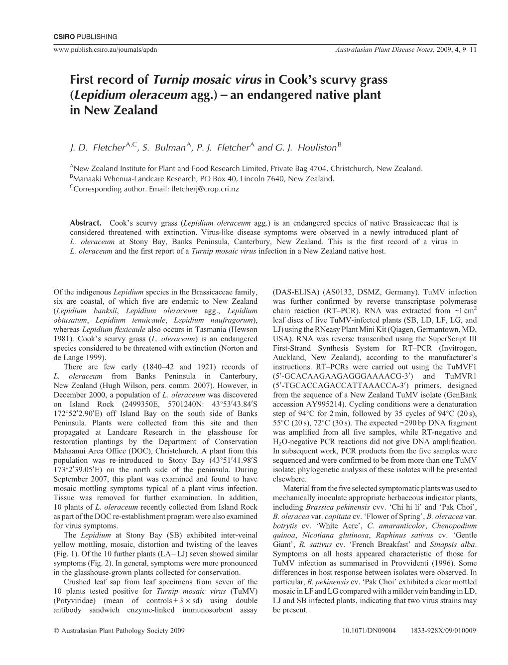 First Record of Turnip Mosaic Virus in Cook's Scurvy