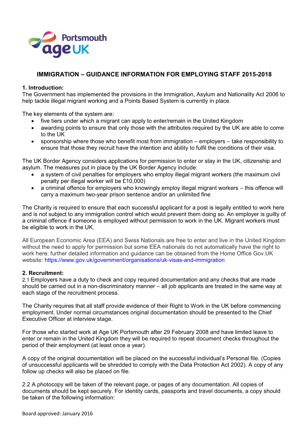 Immigration – Guidance Information for Employing Staff 2015-2018