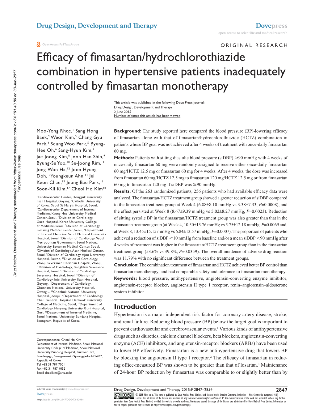 Efficacy of Fimasartan/Hydrochlorothiazide Combination in Hypertensive Patients Inadequately Controlled by Fimasartan Monotherapy