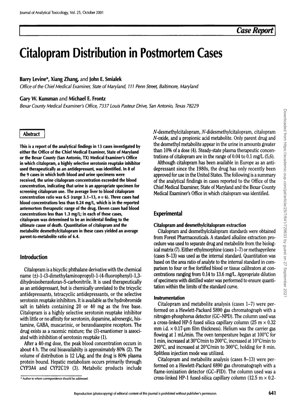 Citalopram Distribution in Postmortem Cases