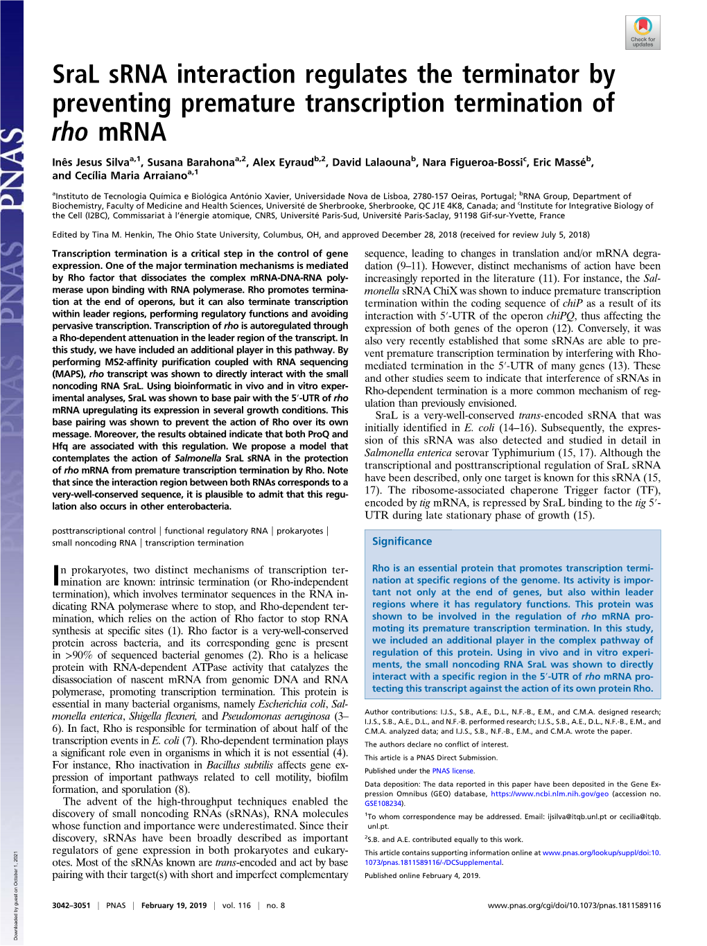 Sral Srna Interaction Regulates the Terminator by Preventing Premature Transcription Termination of Rho Mrna