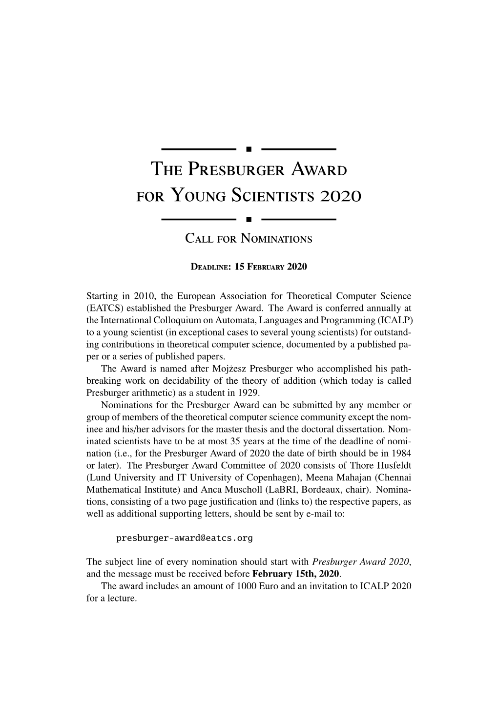 The Presburger Award for Young Scientists 2020
