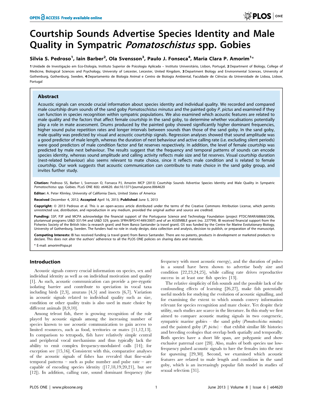 Courtship Sounds Advertise Species Identity and Male Quality in Sympatric Pomatoschistus Spp