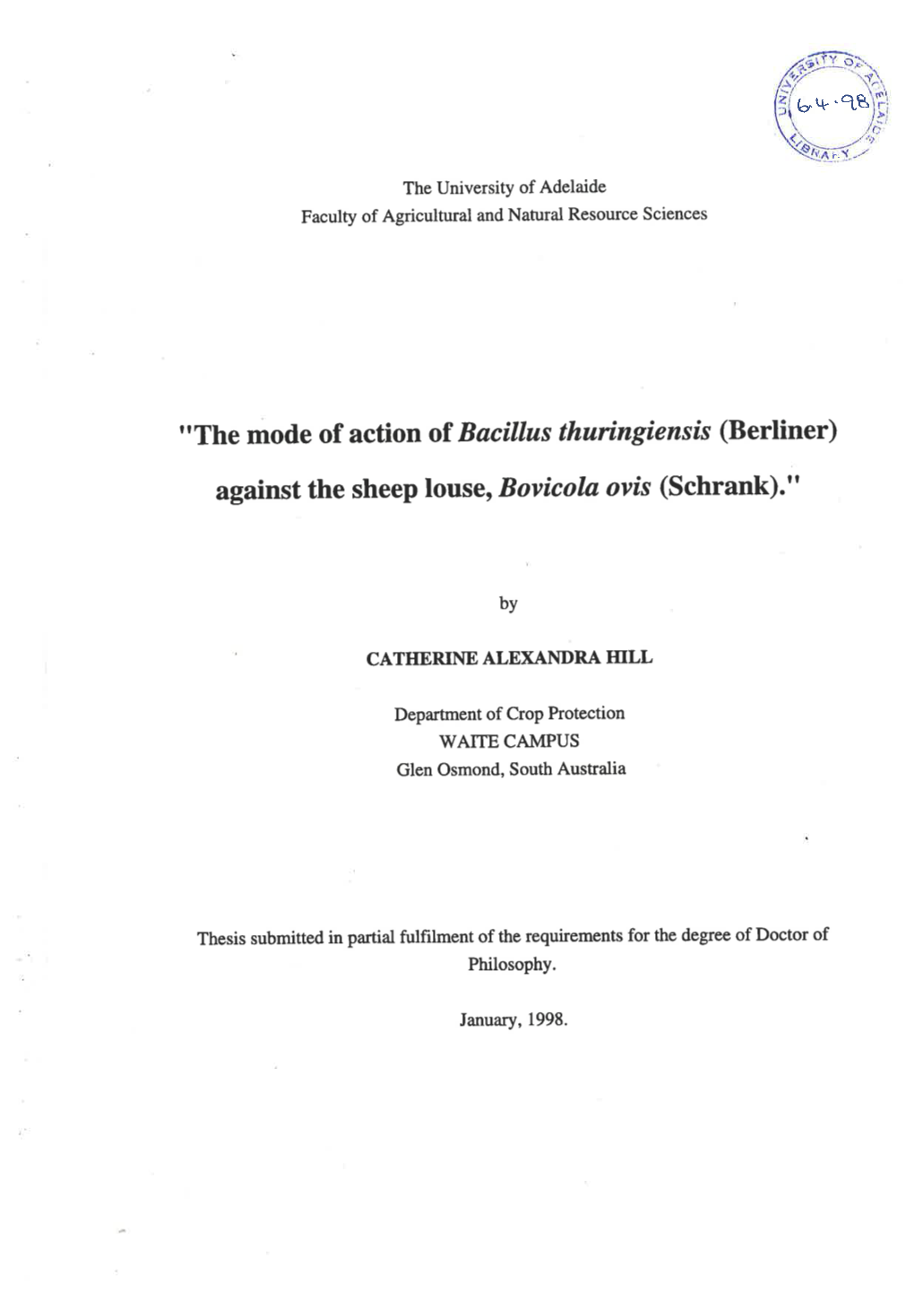 "The Mode of Action of Bacillus Thuringiensis (Berliner) Against The