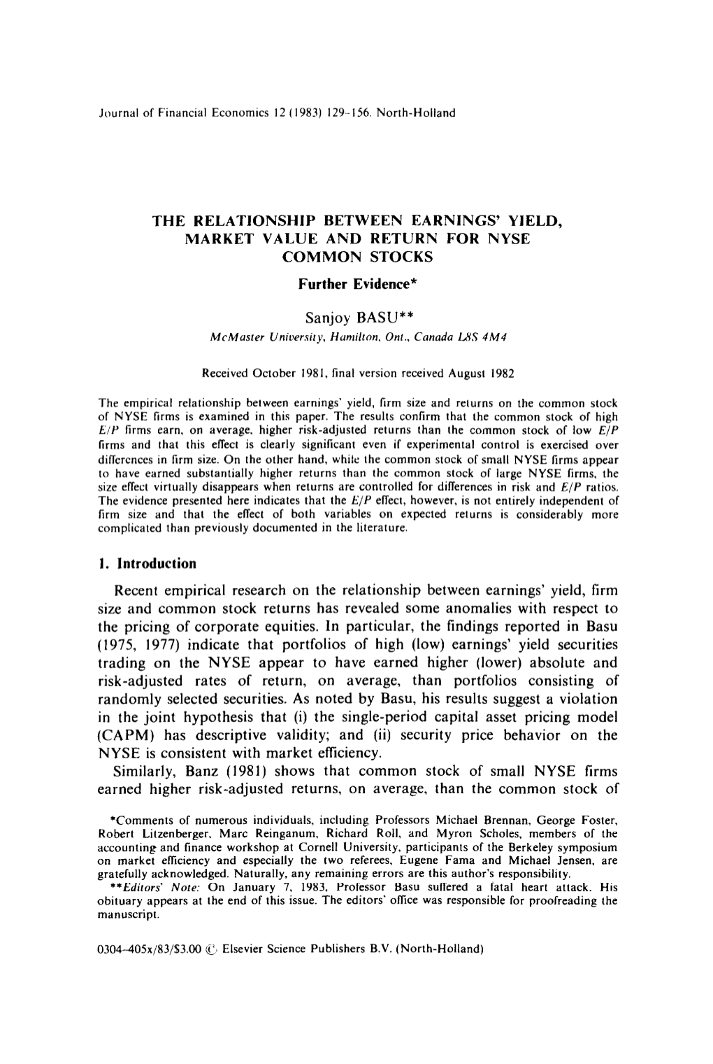 The Relationship Between Earnings' Yield, Market