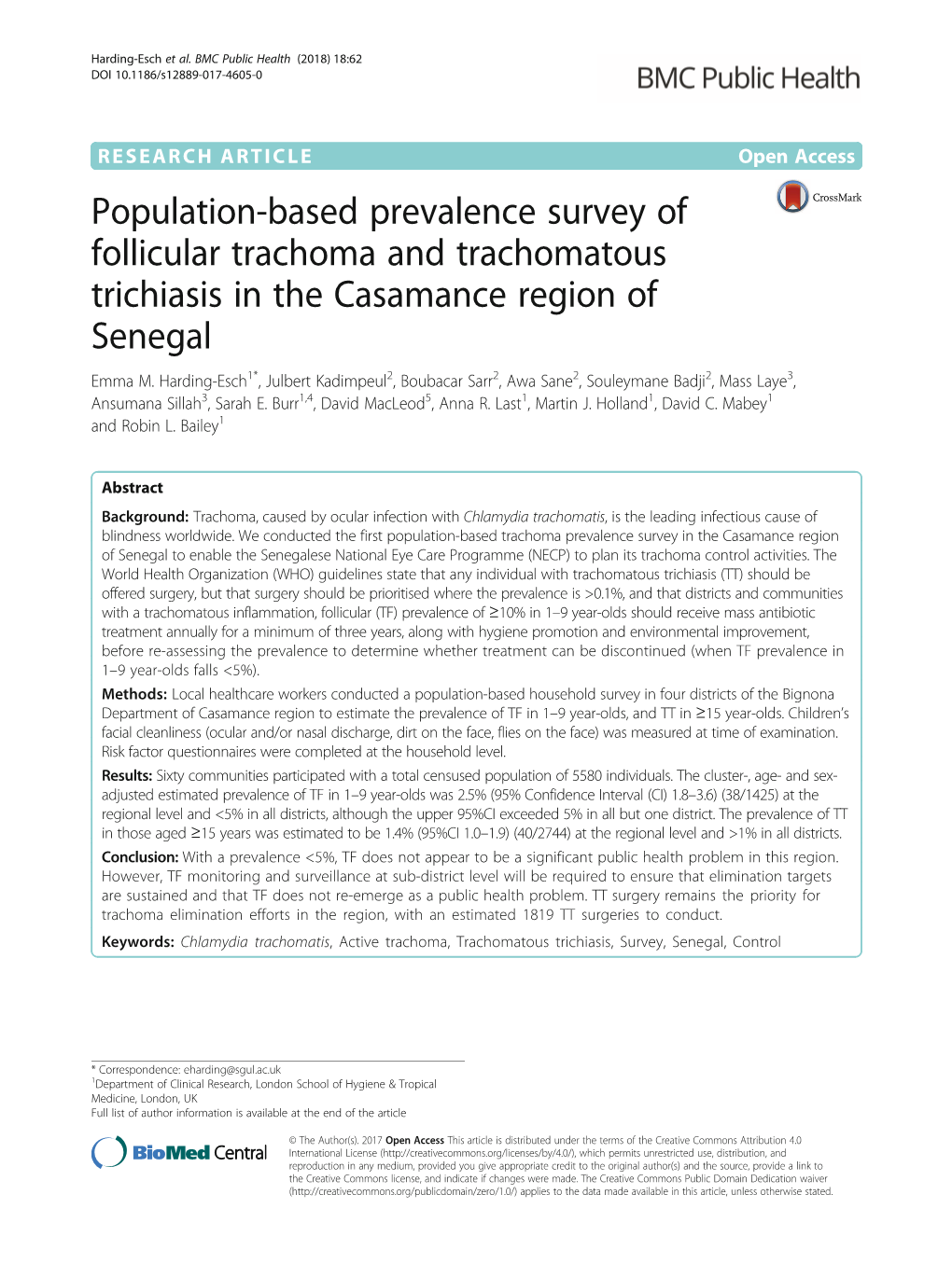 Population-Based Prevalence Survey of Follicular Trachoma and Trachomatous Trichiasis in the Casamance Region of Senegal Emma M