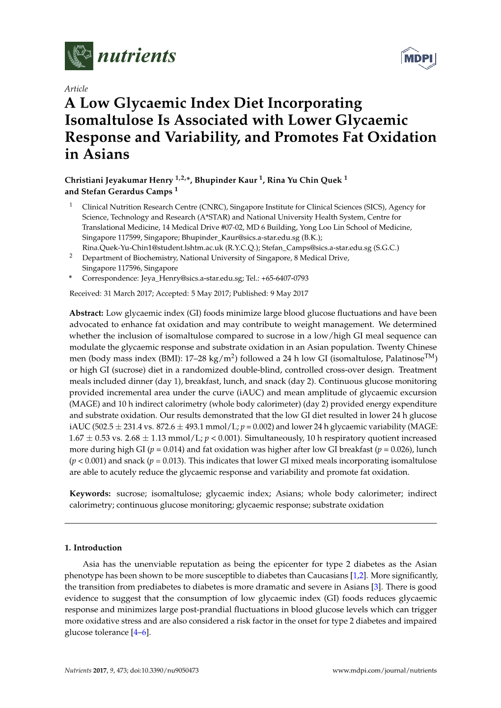 A Low Glycaemic Index Diet Incorporating Isomaltulose Is Associated with Lower Glycaemic Response and Variability, and Promotes Fat Oxidation in Asians