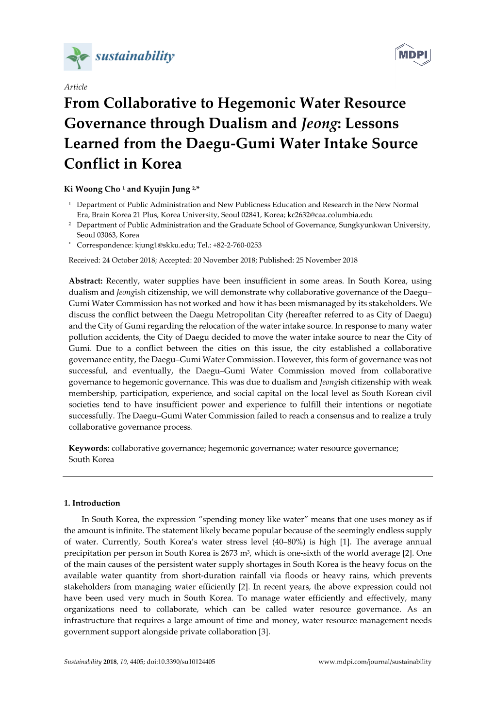 Lessons Learned from the Daegu-Gumi Water Intake Source Conflict in Korea