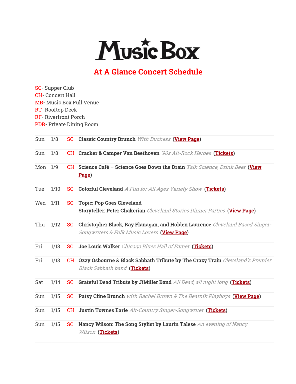 At a Glance Concert Schedule