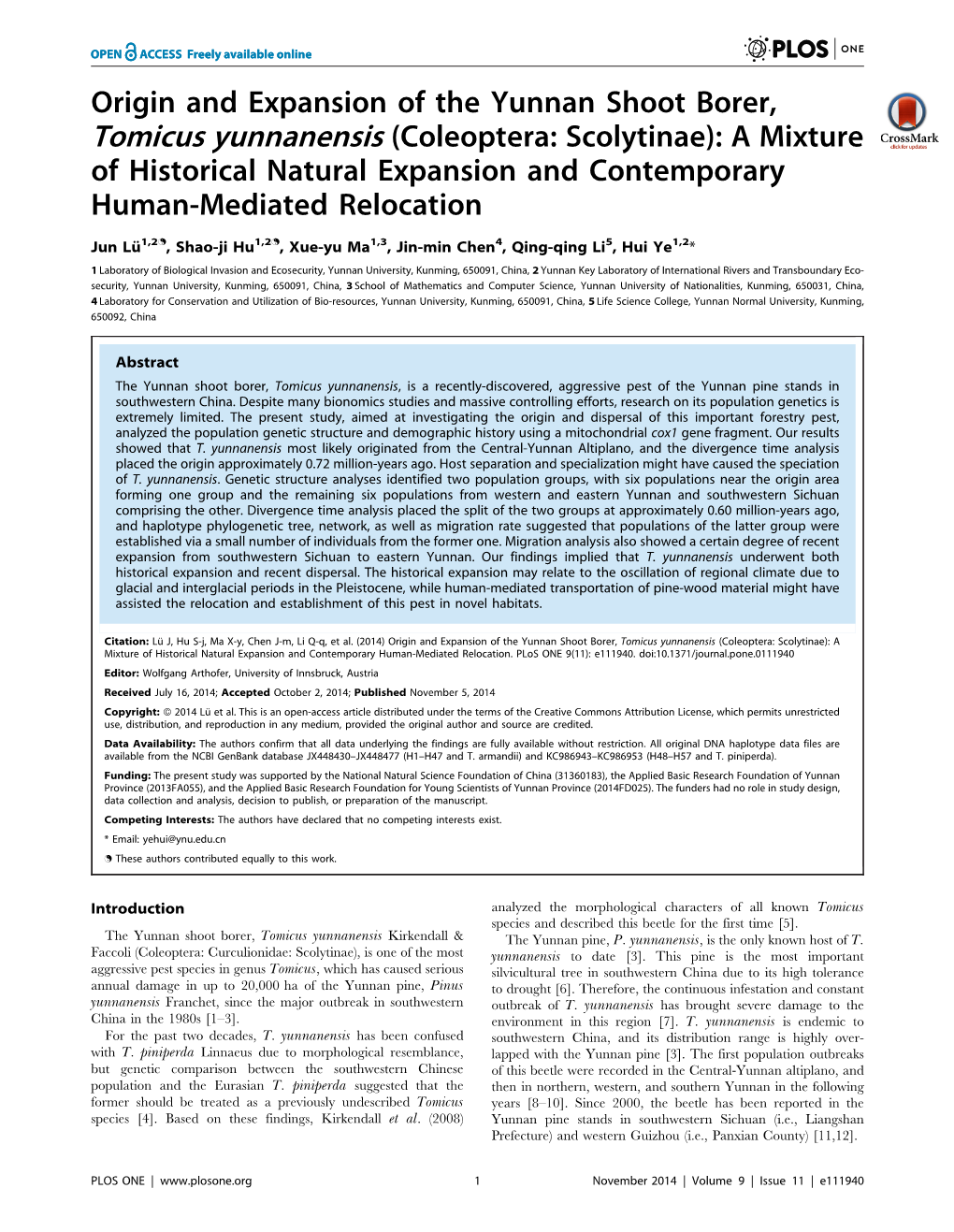 Origin and Expansion of the Yunnan Shoot Borer, Tomicus Yunnanensis