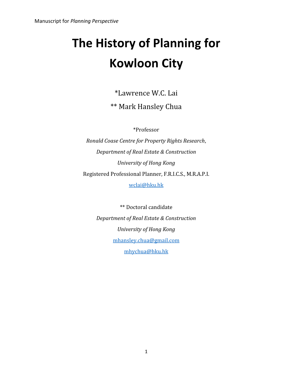 The History of Planning for Kowloon City