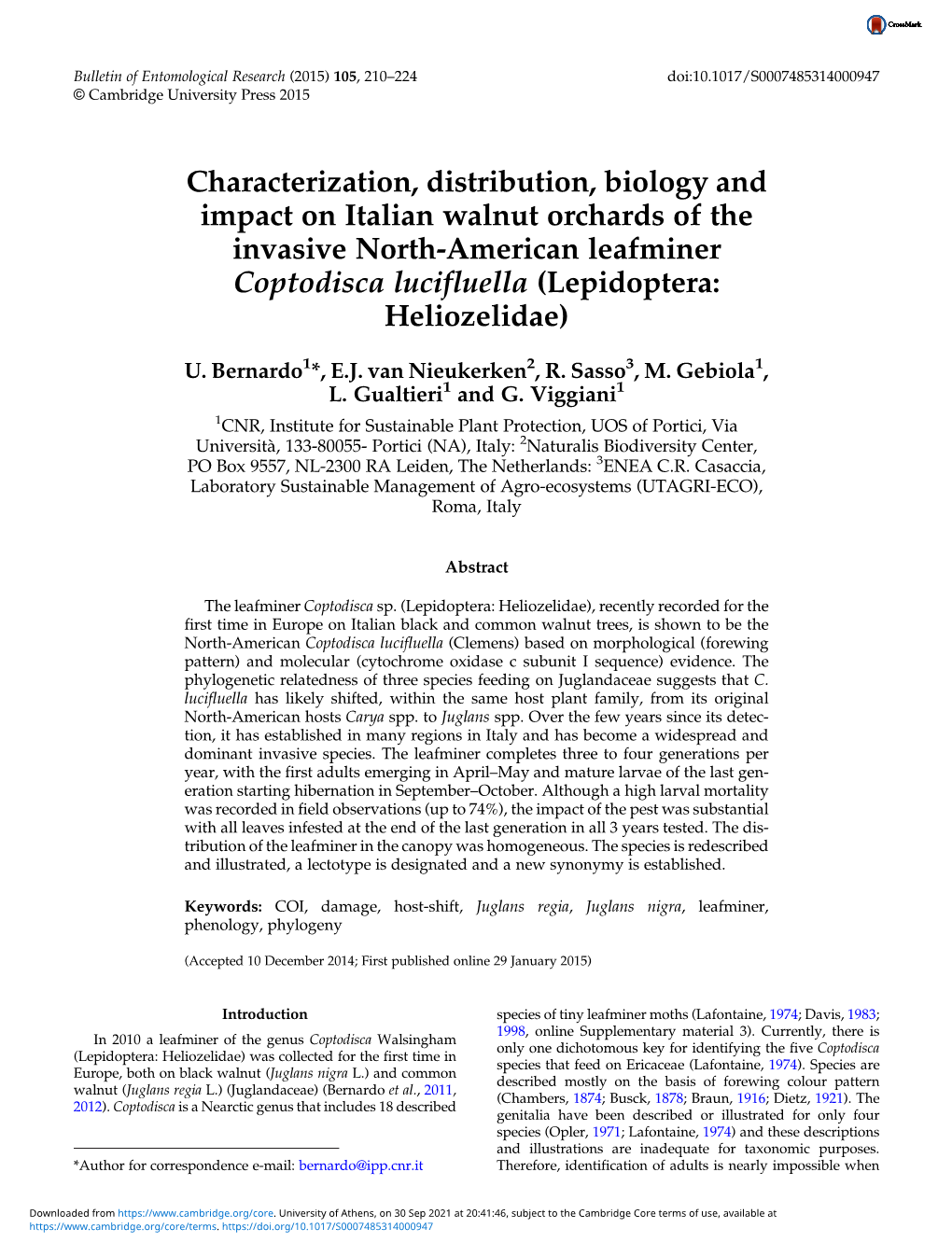 Characterization, Distribution, Biology and Impact on Italian Walnut