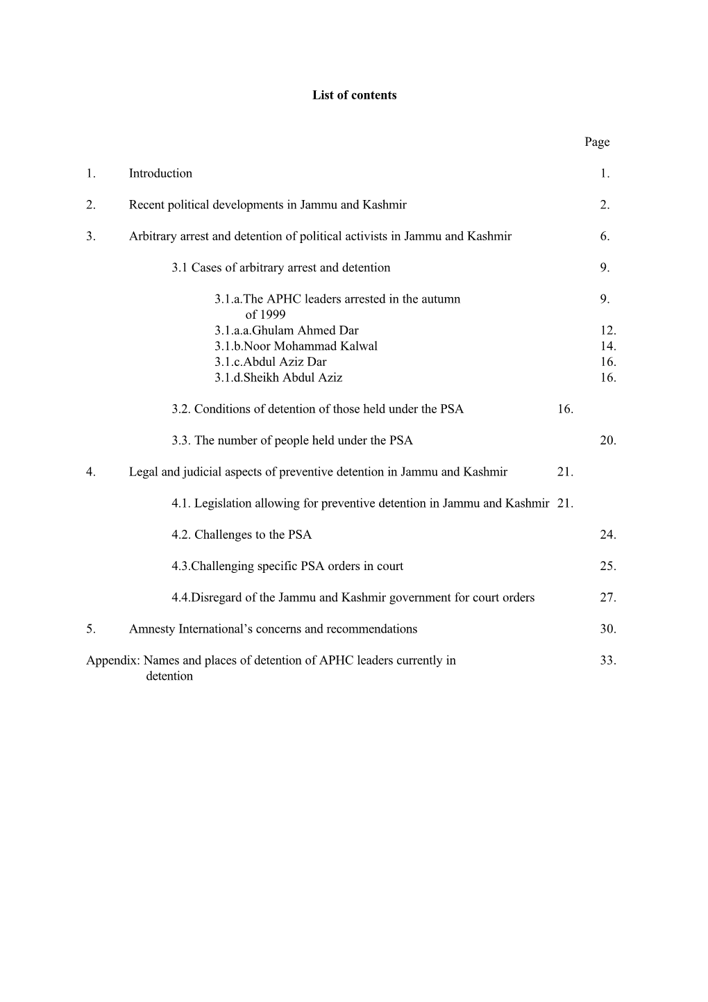 List of Contents Page 1. Introduction 1. 2. Recent Political Developments In