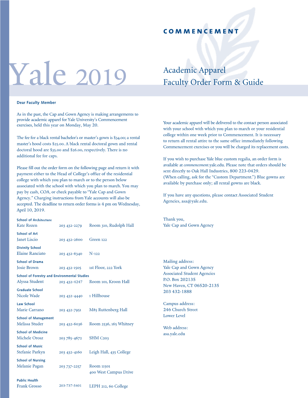 Yale 2019 Faculty Order Form & Guide
