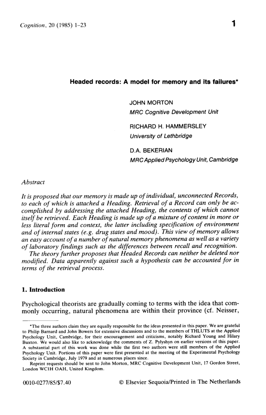 Headed Records: a Model for Memory and Its Failures*