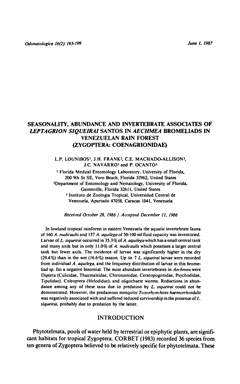 Coenagrionidae) Phytotelmata, Pools Epiphytic Plants