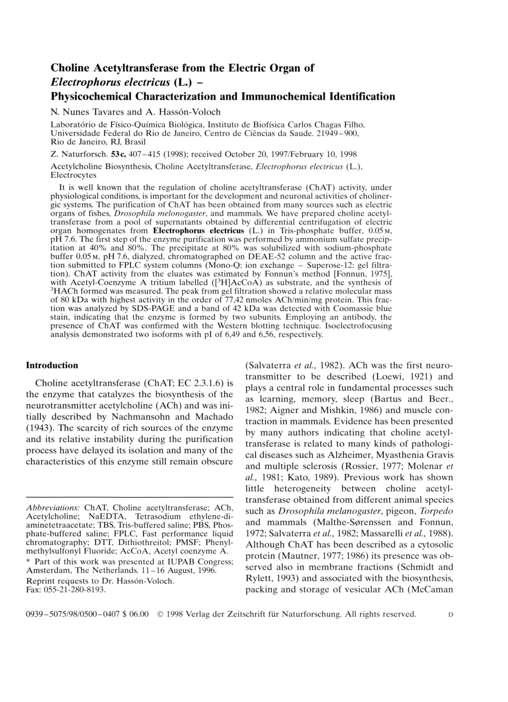 Electrophorus Electricus (L.) - Physicochemical Characterization and Immunochemical Identification N