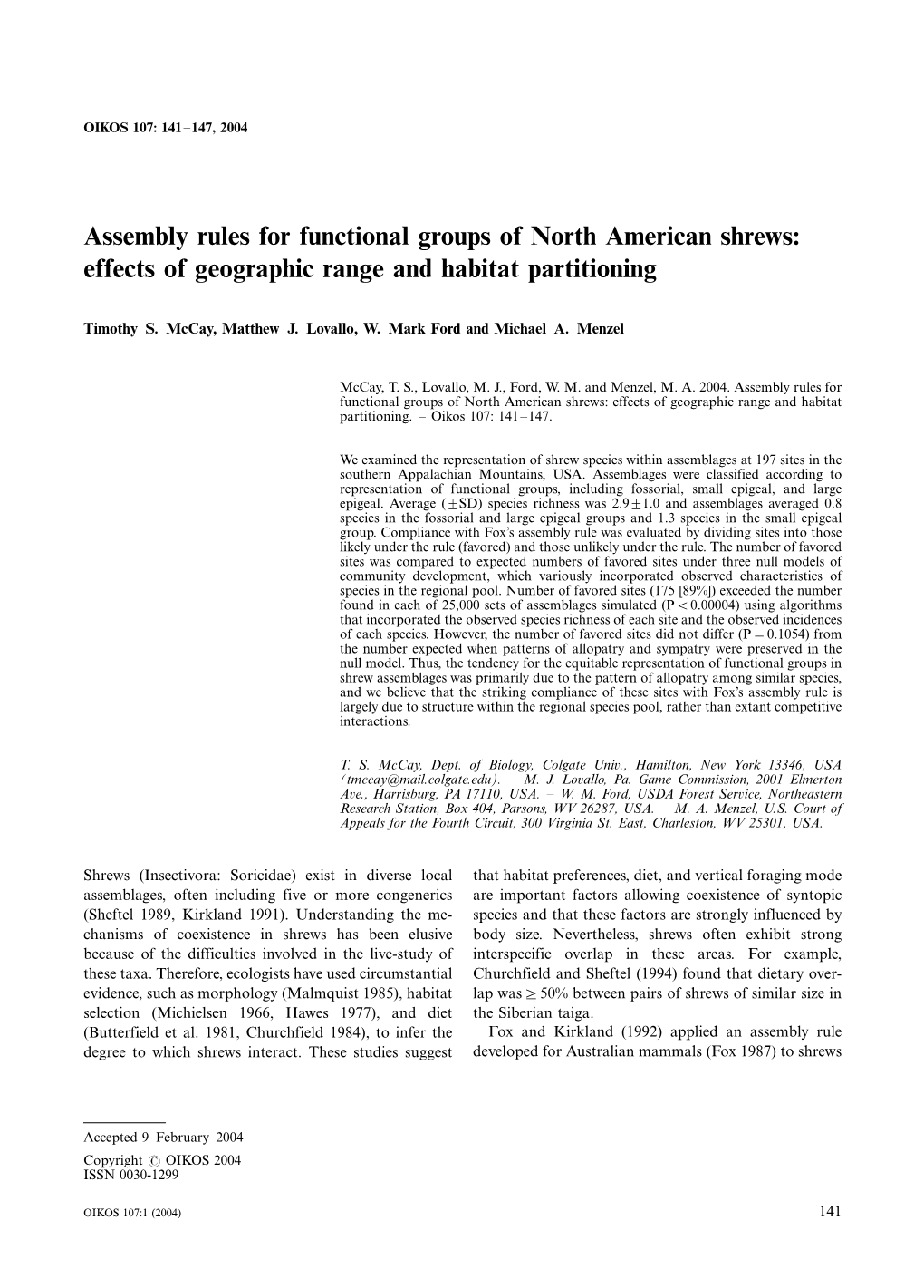 Assembly Rules for Functional Groups of North American Shrews: Effects of Geographic Range and Habitat Partitioning