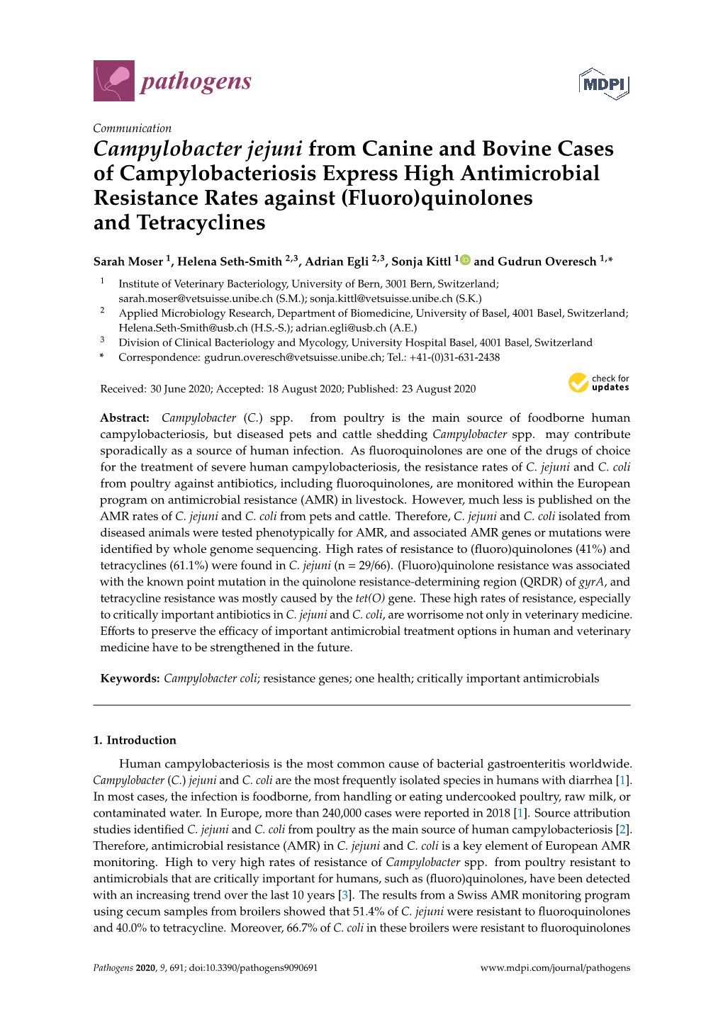 Campylobacter Jejuni from Canine and Bovine Cases of Campylobacteriosis Express High Antimicrobial Resistance Rates Against (Fluoro)Quinolones and Tetracyclines