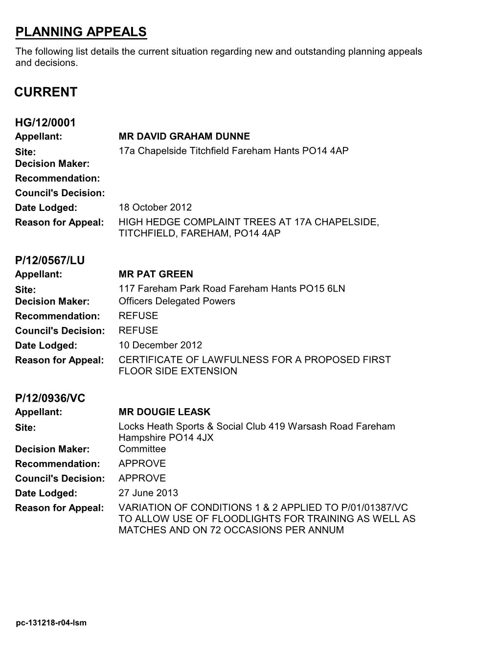 Current Planning Appeals