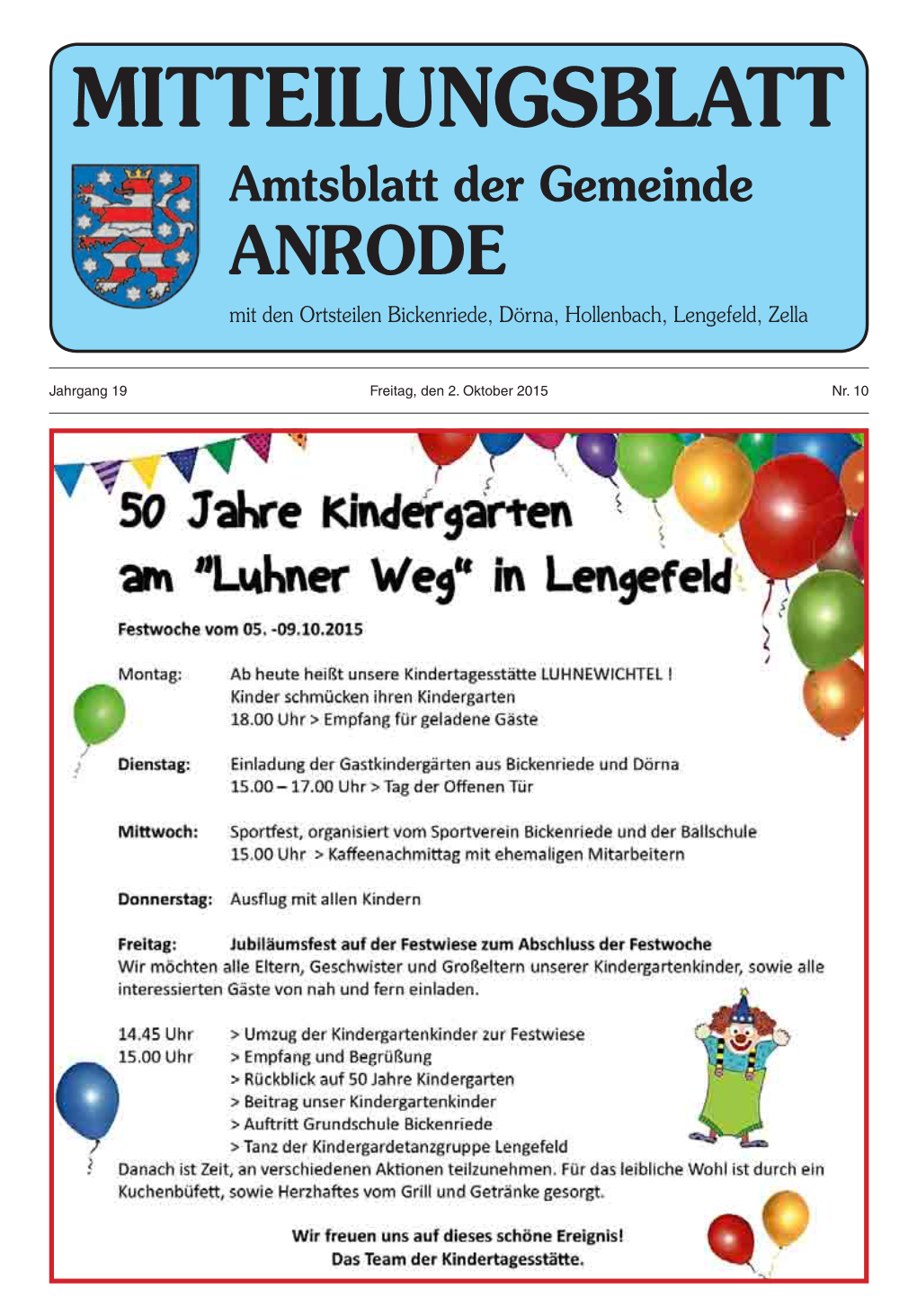 MITTEILUNGSBLATT Amtsblatt Der Gemeinde ANRODE Mit Den Ortsteilen Bickenriede, Dörna, Hollenbach, Lengefeld, Zella