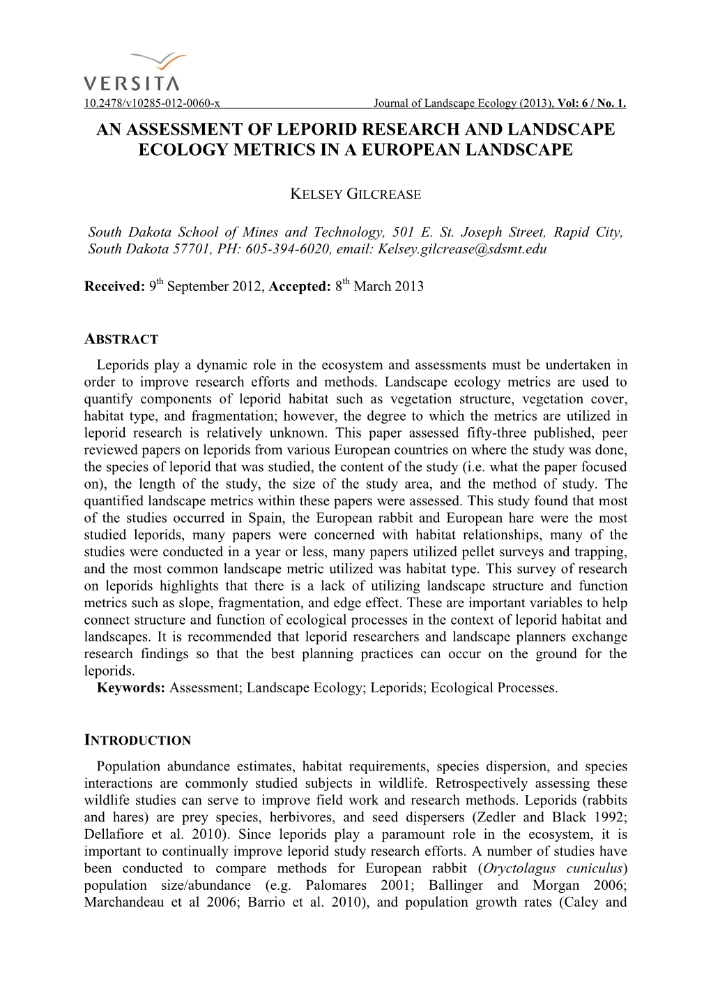 An Assessment of Leporid Research and Landscape Ecology Metrics in a European Landscape