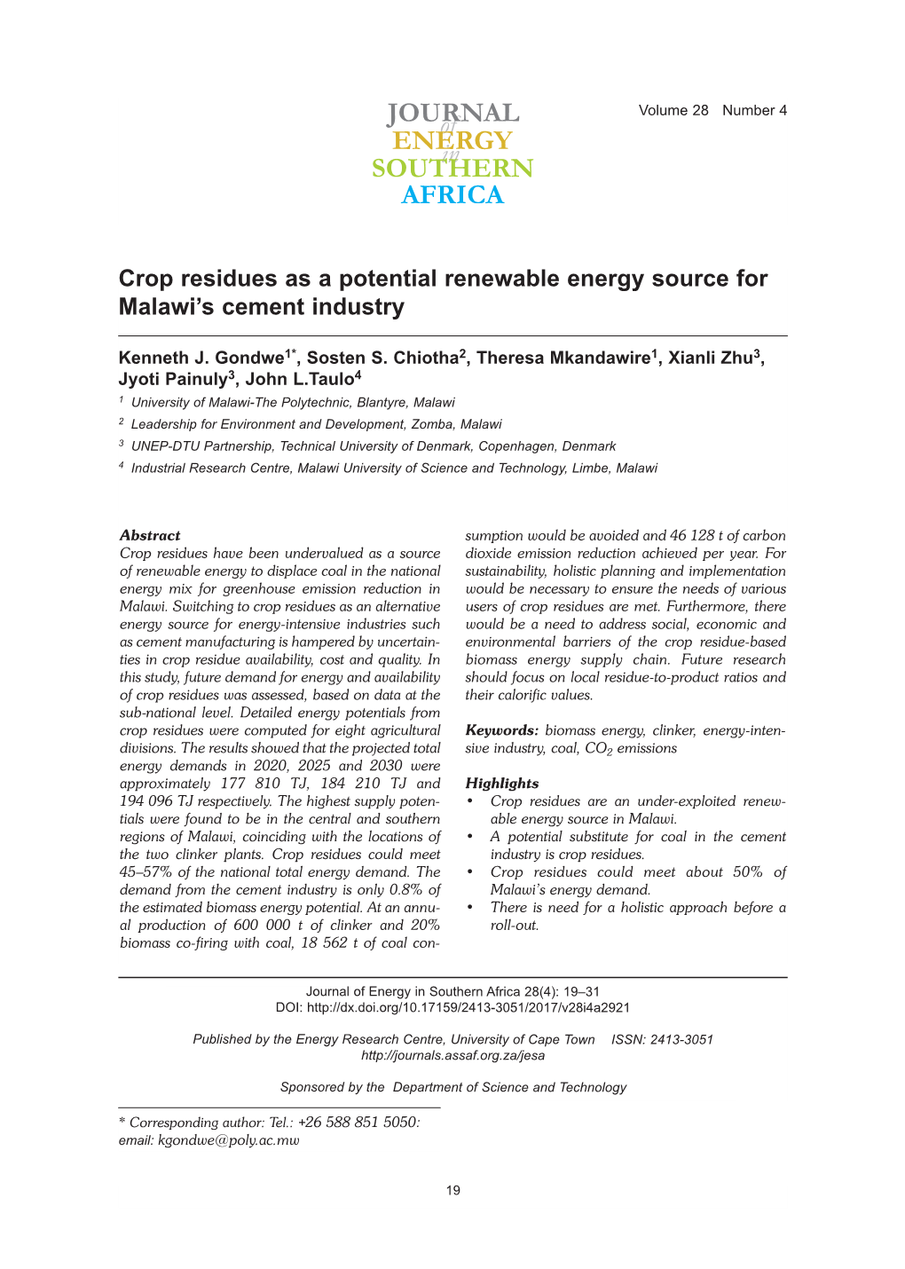 Crop Residues As a Potential Renewable Energy Source for Malawi’S Cement Industry