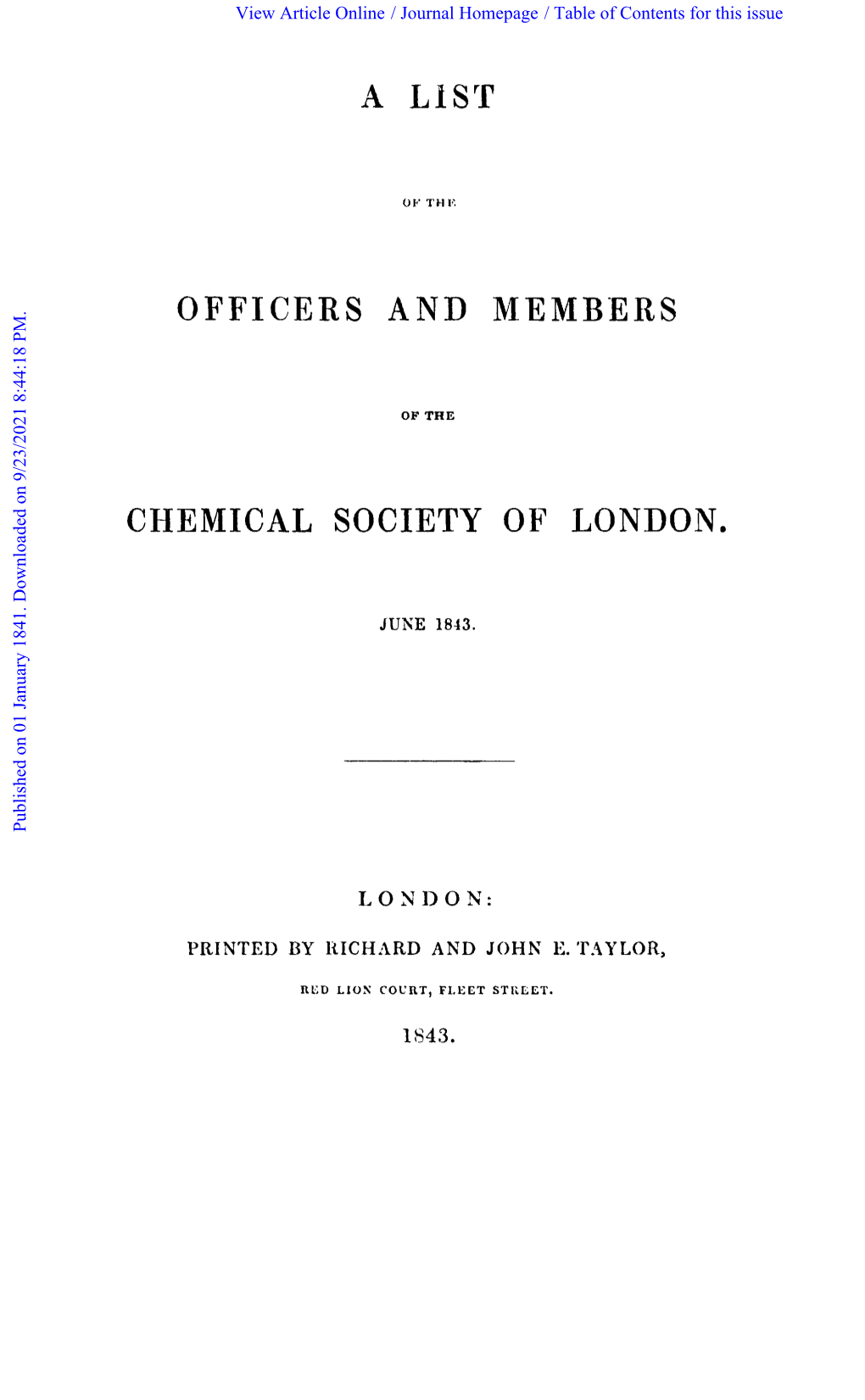 Officers and Members Chemical Society of London