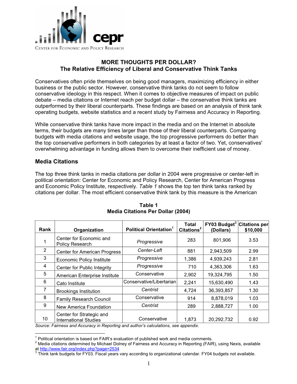 MORE THOUGHTS PER DOLLAR? the Relative Efficiency of Liberal and Conservative Think Tanks