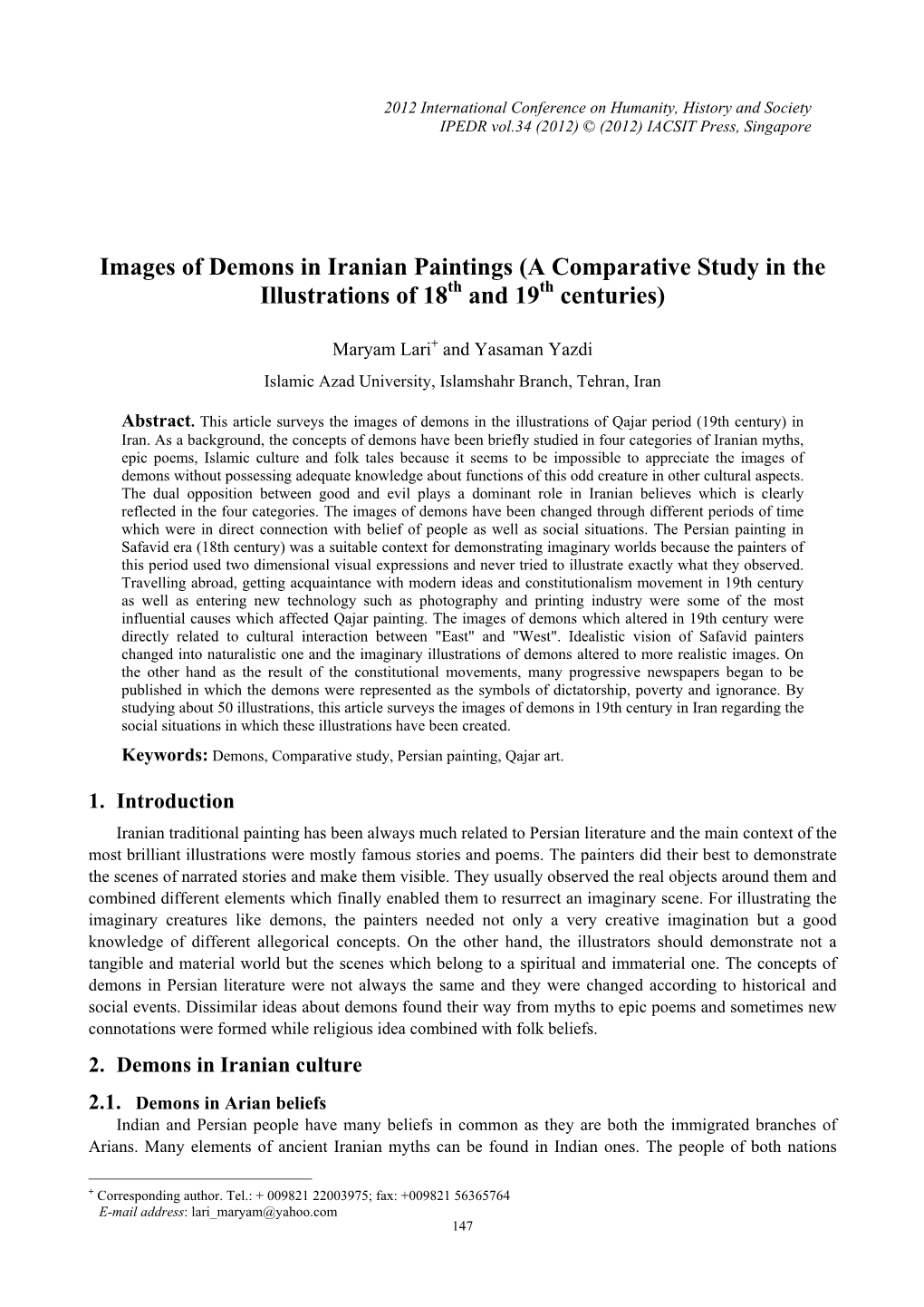 Images of Demons in Iranian Paintings (A Comparative Study in the Illustrations of 18Th and 19Th Centuries)