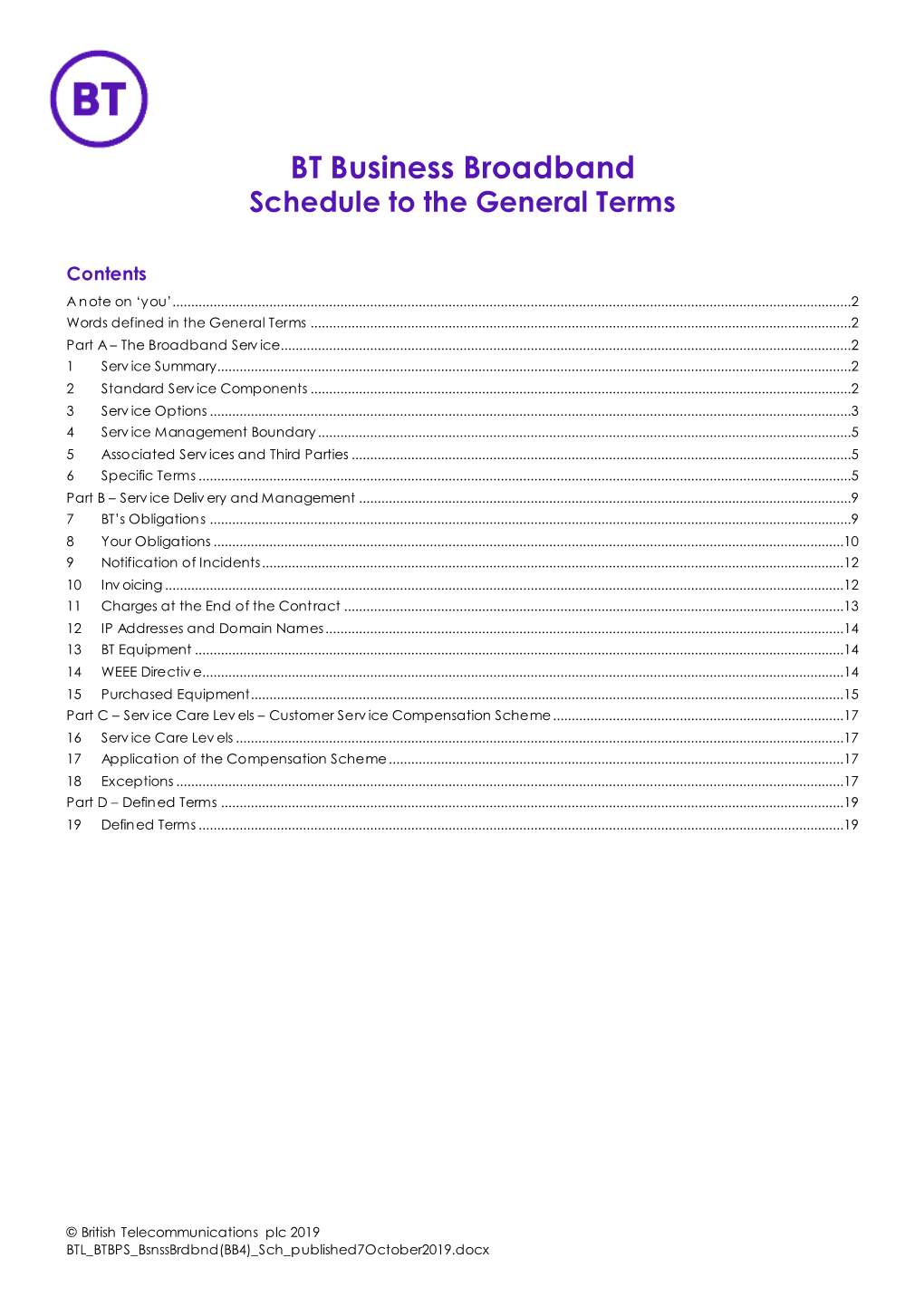 BT Business Broadband Schedule to the General Terms