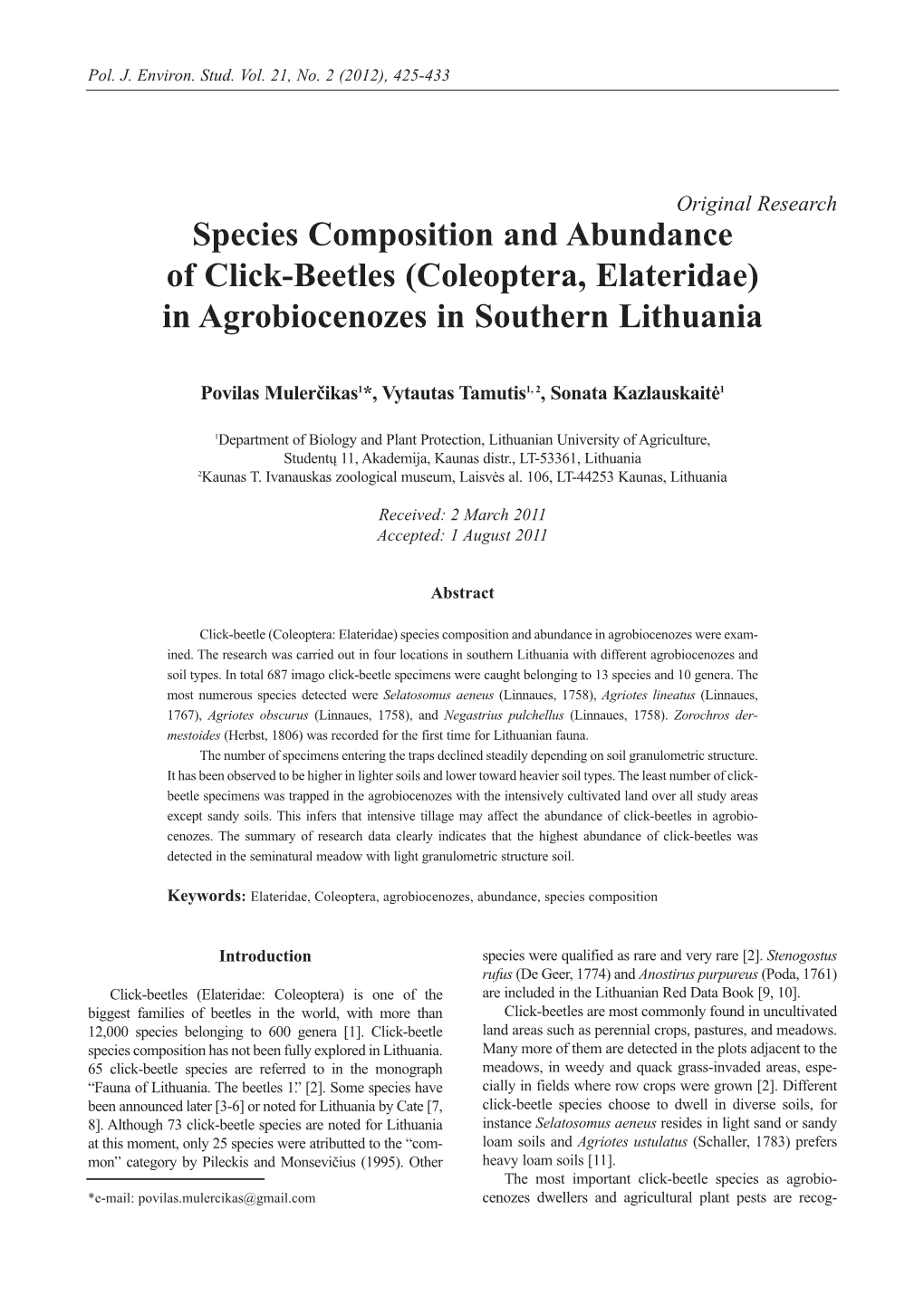 Species Composition and Abundance of Click-Beetles (Coleoptera, Elateridae) in Agrobiocenozes in Southern Lithuania