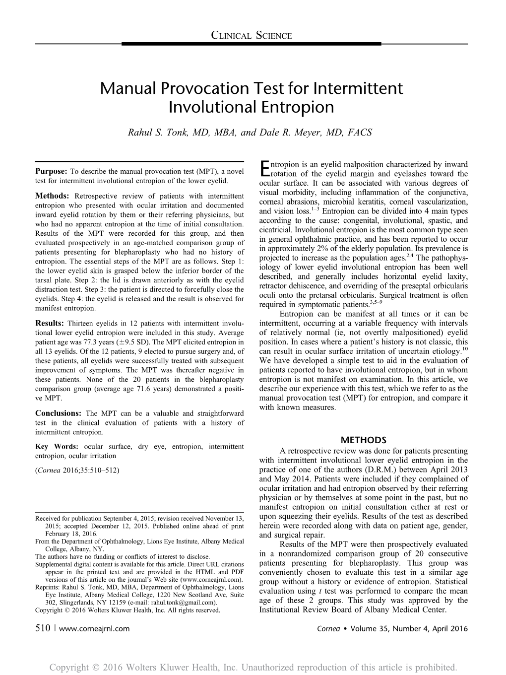 Manual Provocation Test for Intermittent Involutional Entropion