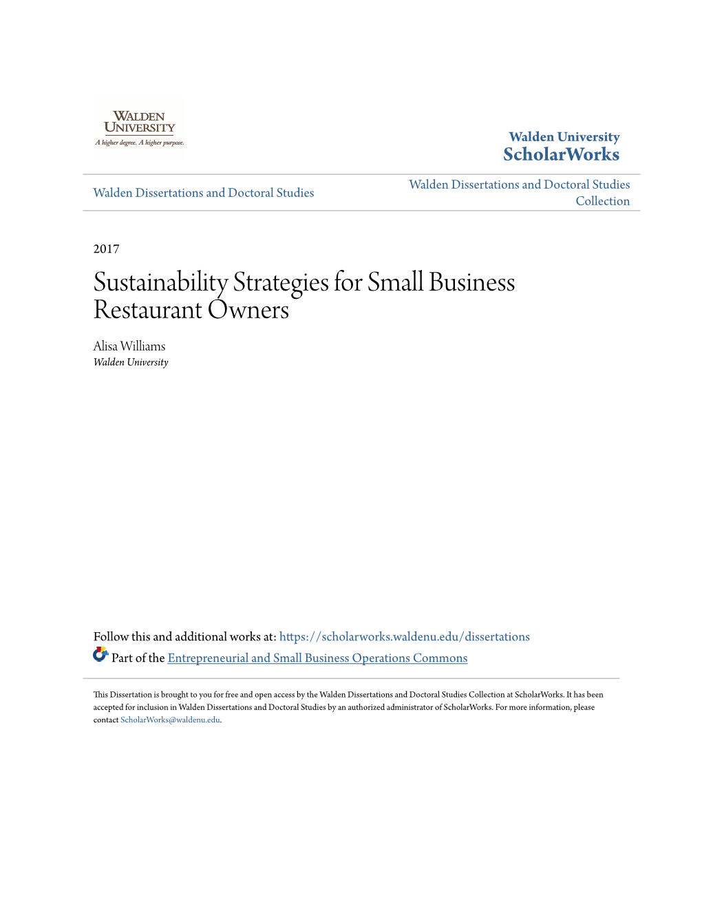 Sustainability Strategies for Small Business Restaurant Owners Alisa Williams Walden University